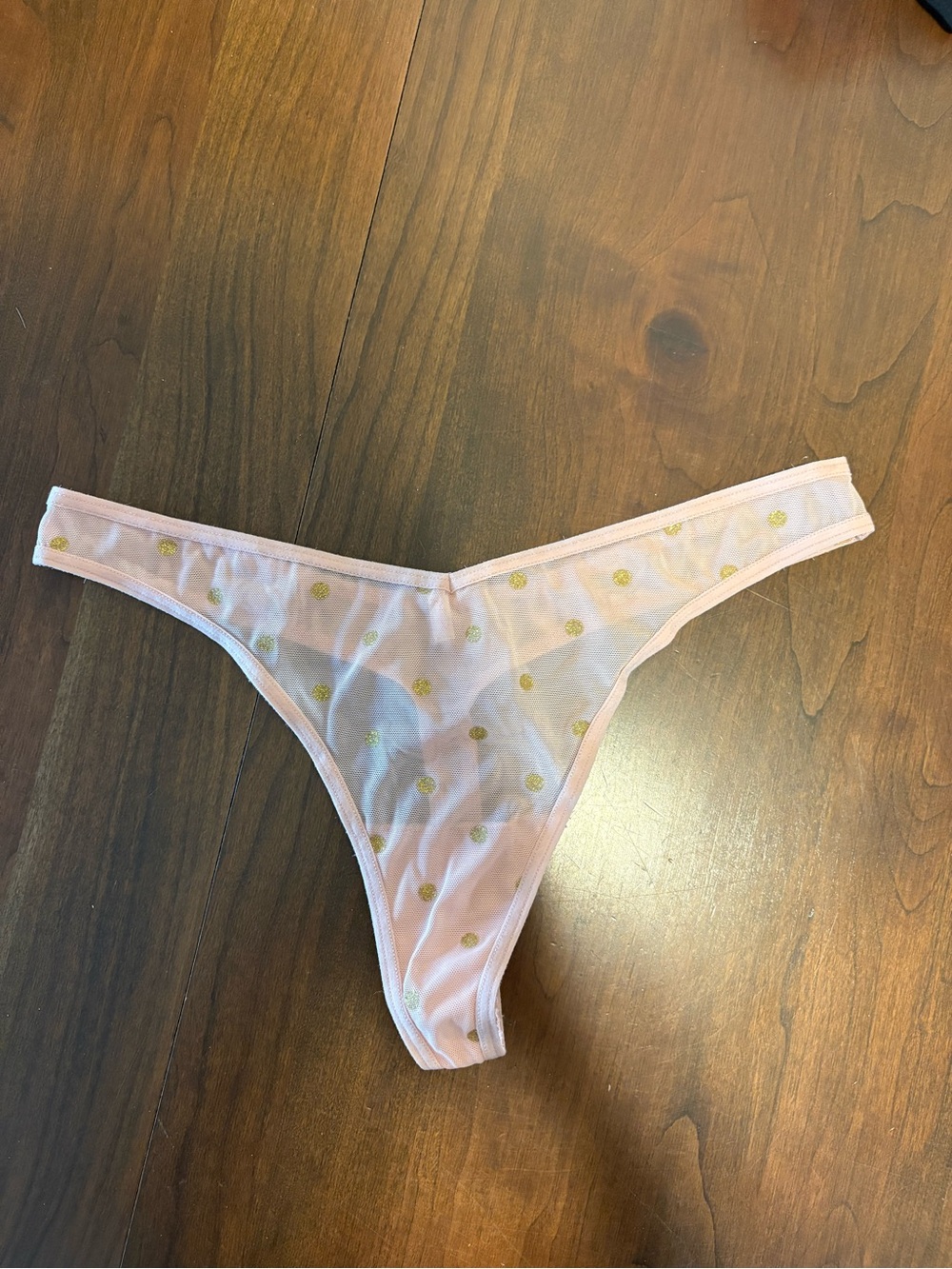 Victoria Secret PINK See Through Blush Lace with Gold Polka Dot Thong